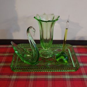 Assortment of Green Glassware - 4 items - Tray, Murano Swan, Ornament, Vase - Excellent Condition