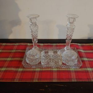 Six Piece Dressing Table set - 1 Tray, 2 Candlesticks, 2 Powder Bowls and a trinket dish - very good condition