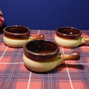 Three Brown Ceramic Treacle Glaze Effect Earthenware Soup Bowls with handles - Excellent condition