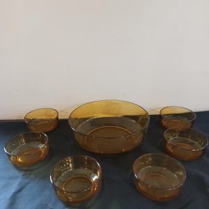 6 Vintage Smoked Glass Dessert Bowls And 1 Serving Bowl. Excellent Condition.
