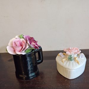 Novelty Ornamental Flower Tankard And Heart Shaped Trinket Box. Overall, Good Condition.
