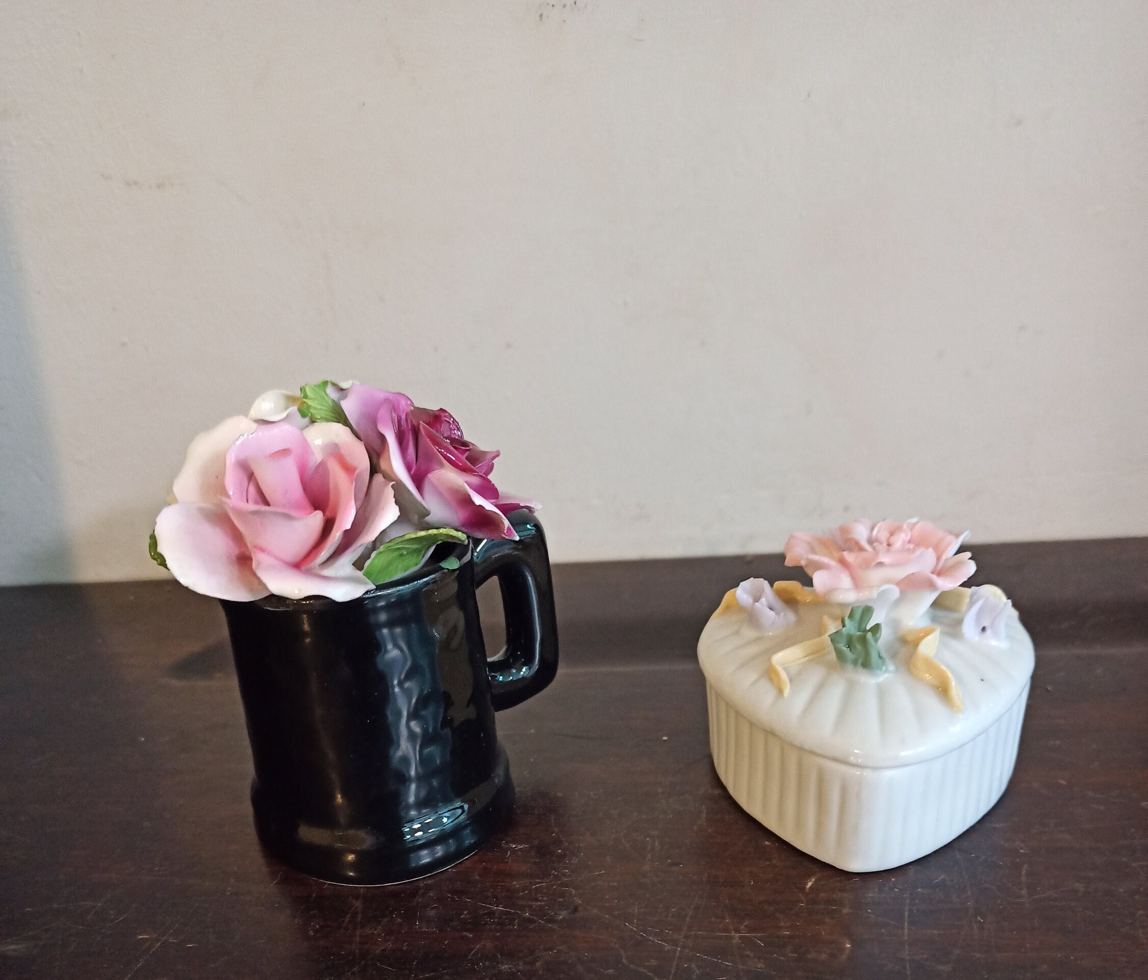Novelty Ornamental Flower Tankard And Heart Shaped Trinket Box. Overall, Good Condition.