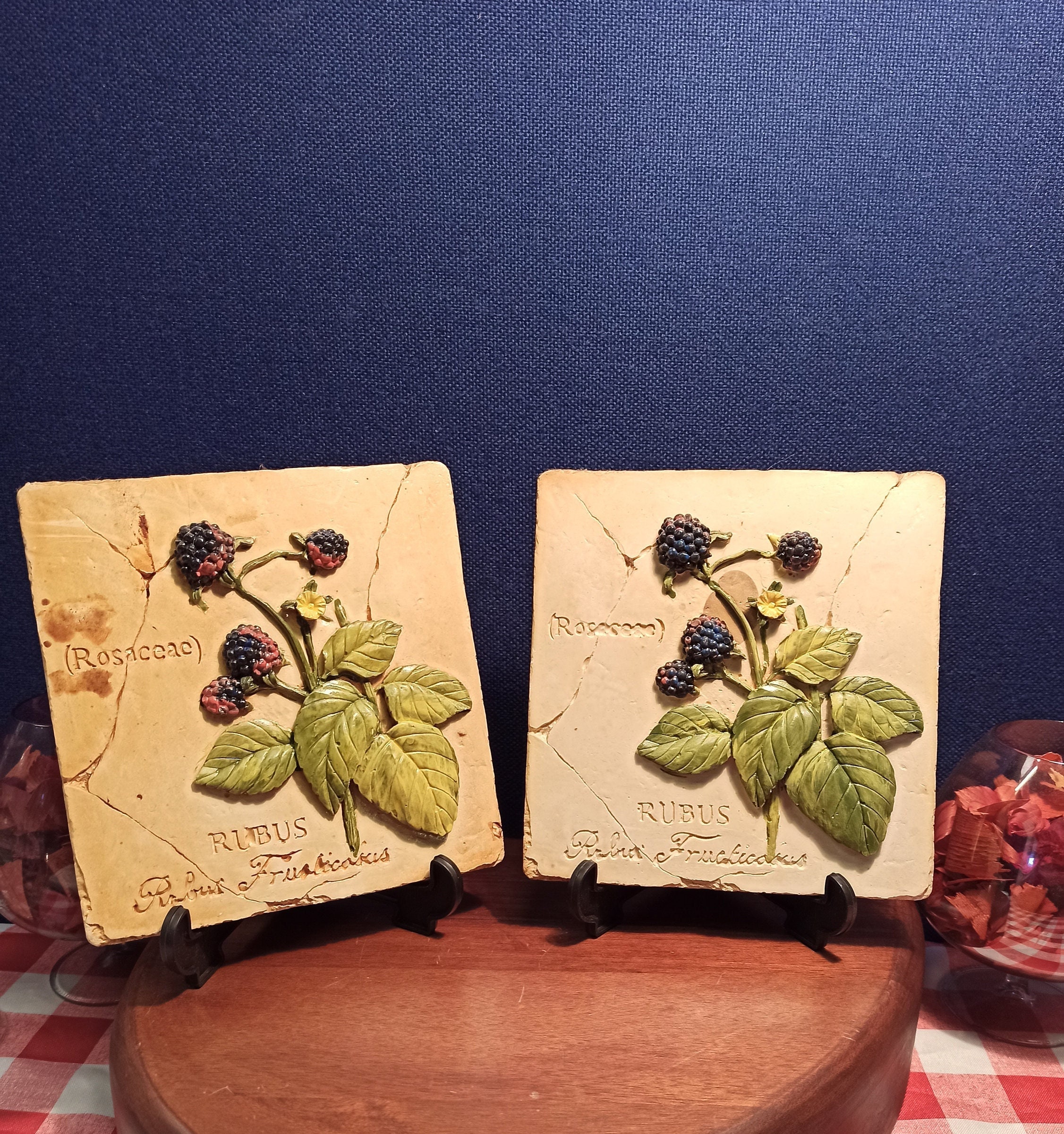 Vintage Pair of Majolica Bramble Decorative Wall Tiles.