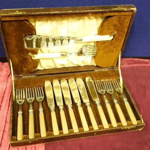 Mid 20th Century (poss 1950s) Nickel Plated Cutlery Canteen - 14 pieces - Brown Leather Binding