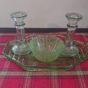 Candlestick and Bowl Group - Vanity Set - Pale Green Glass - Very Good to excellent condition - Some Victorian Glass