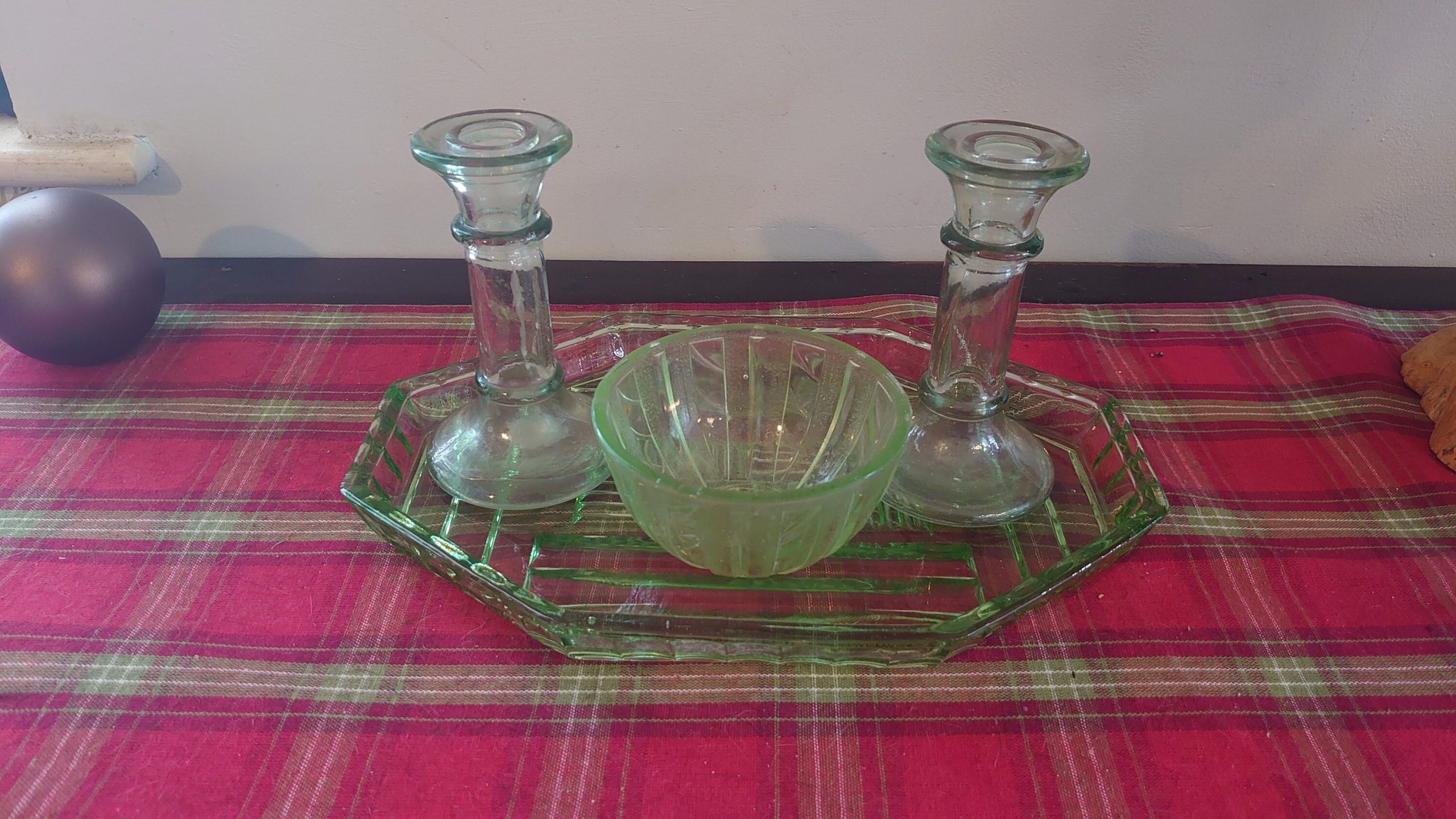 Candlestick and Bowl Group - Vanity Set - Pale Green Glass - Very Good to excellent condition - Some Victorian Glass