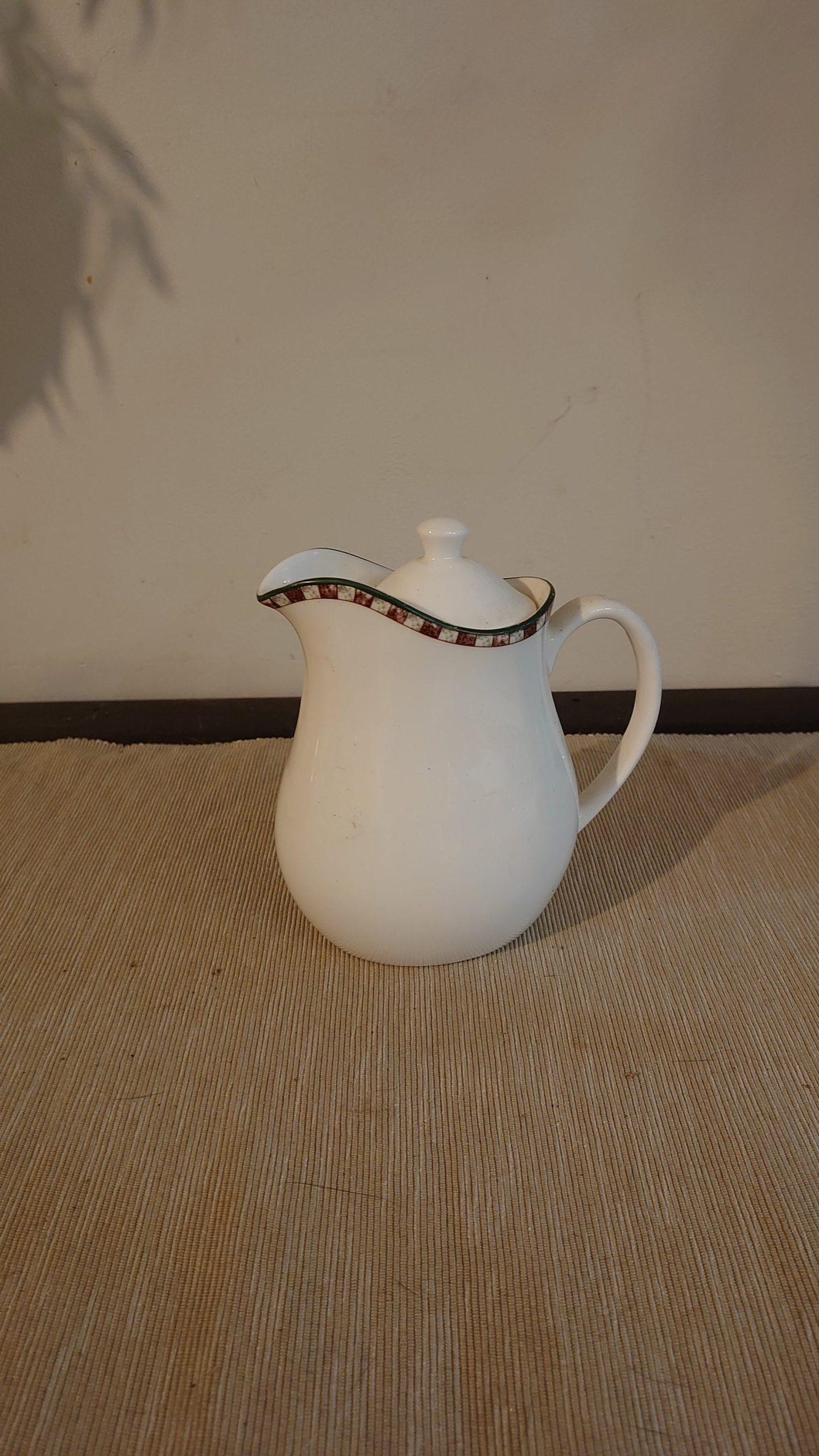 White Wedgwood Milk Jug - Burgundy and Grey Chequer pattern around the rim - 14.5cm tall