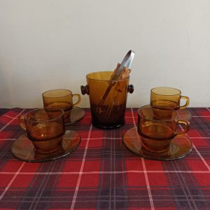 Retro Smoked Amber Glass Iced Tea Set. 4 Cups, 4 Saucers, Ice Bucket and Tongs.