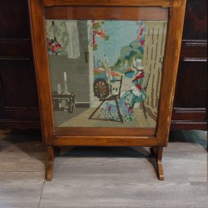 Firescreen with Knitted Scene of Lady on Spinning Wheel c1940s/50s in Very Good Condition