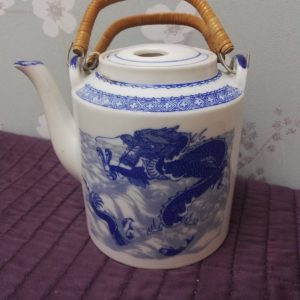 Large Chinese Blue and White Willow Style Tea Kettle with Wicker Handle - Good to Very Good Condition - Dragon Motif