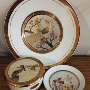 Set of 4 Japanese Chokin Ware. Trinket Box, 2 X Plates And Pin Tray.