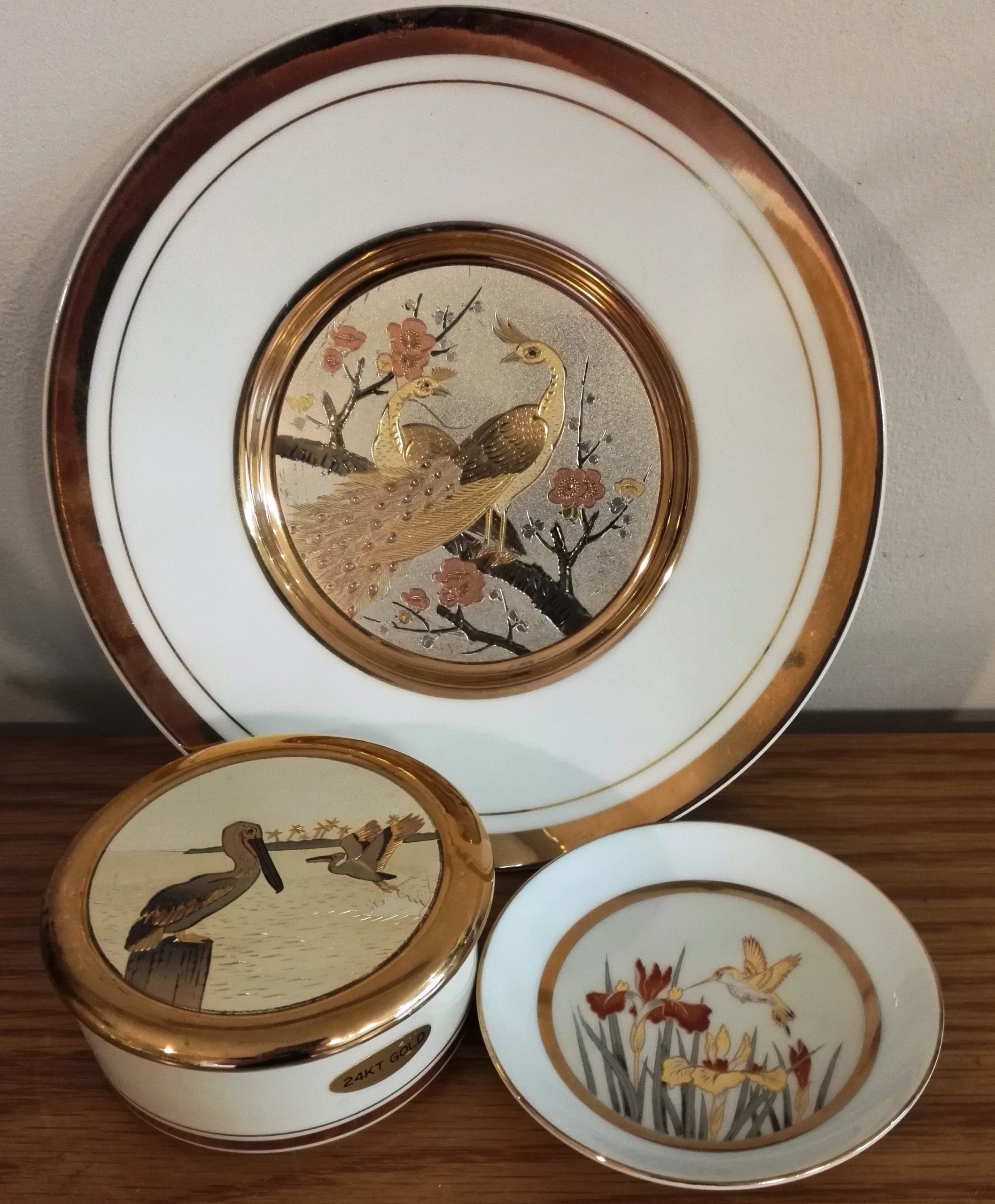 Set of 4 Japanese Chokin Ware. Trinket Box, 2 X Plates And Pin Tray.