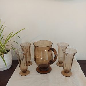Cordial/Lemonade Smoked Glass Jug And 4 Glasses. Very Good Condition.