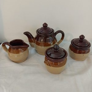 Teapot Set. Serves Two. Treacle Glazed. 1980s. Teapot, Milk Jug, Sugar Bowl and Marmade / Jam Pot / Honey.