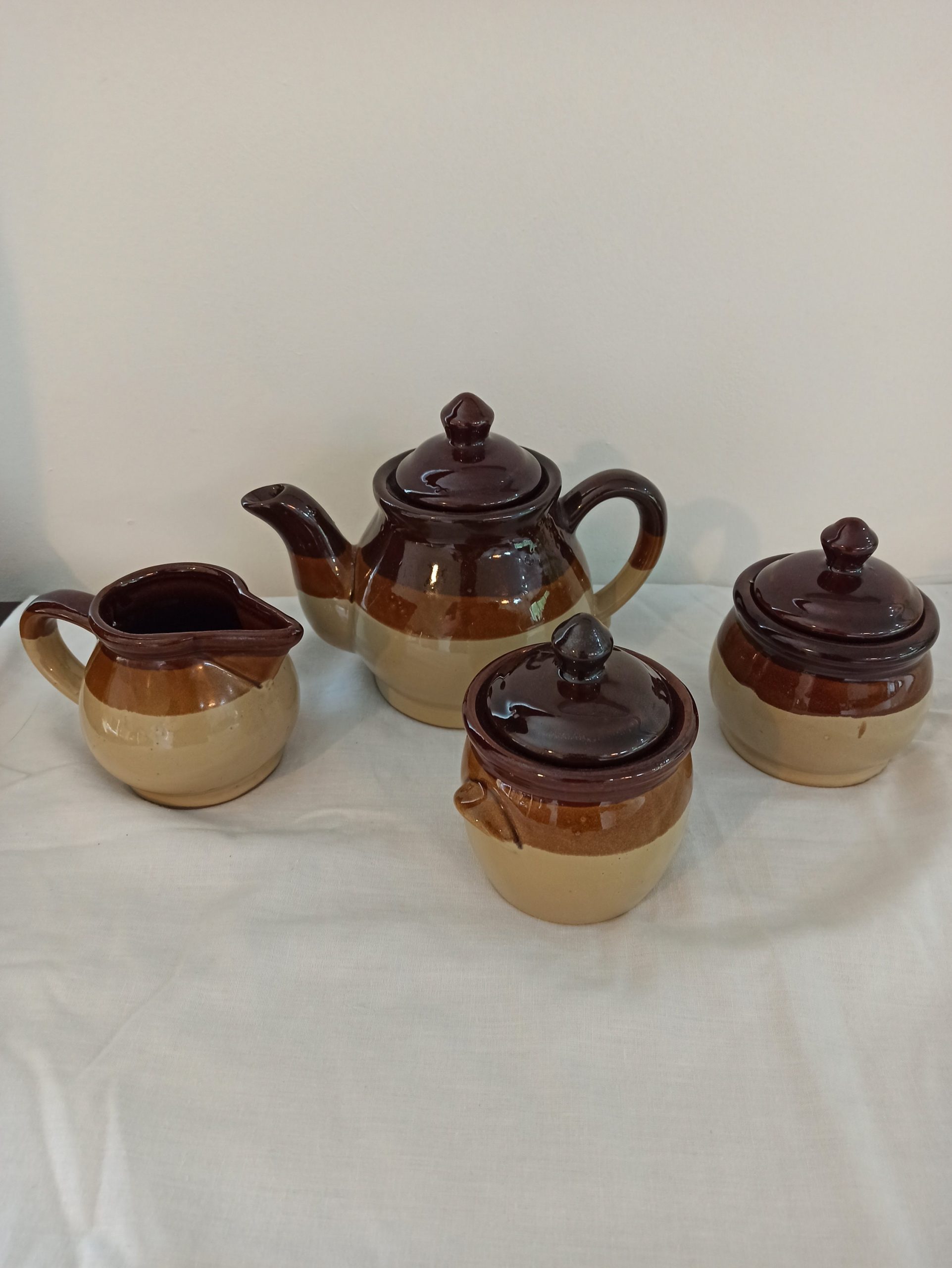 Teapot Set. Serves Two. Treacle Glazed. 1980s. Teapot, Milk Jug, Sugar Bowl and Marmade / Jam Pot / Honey.