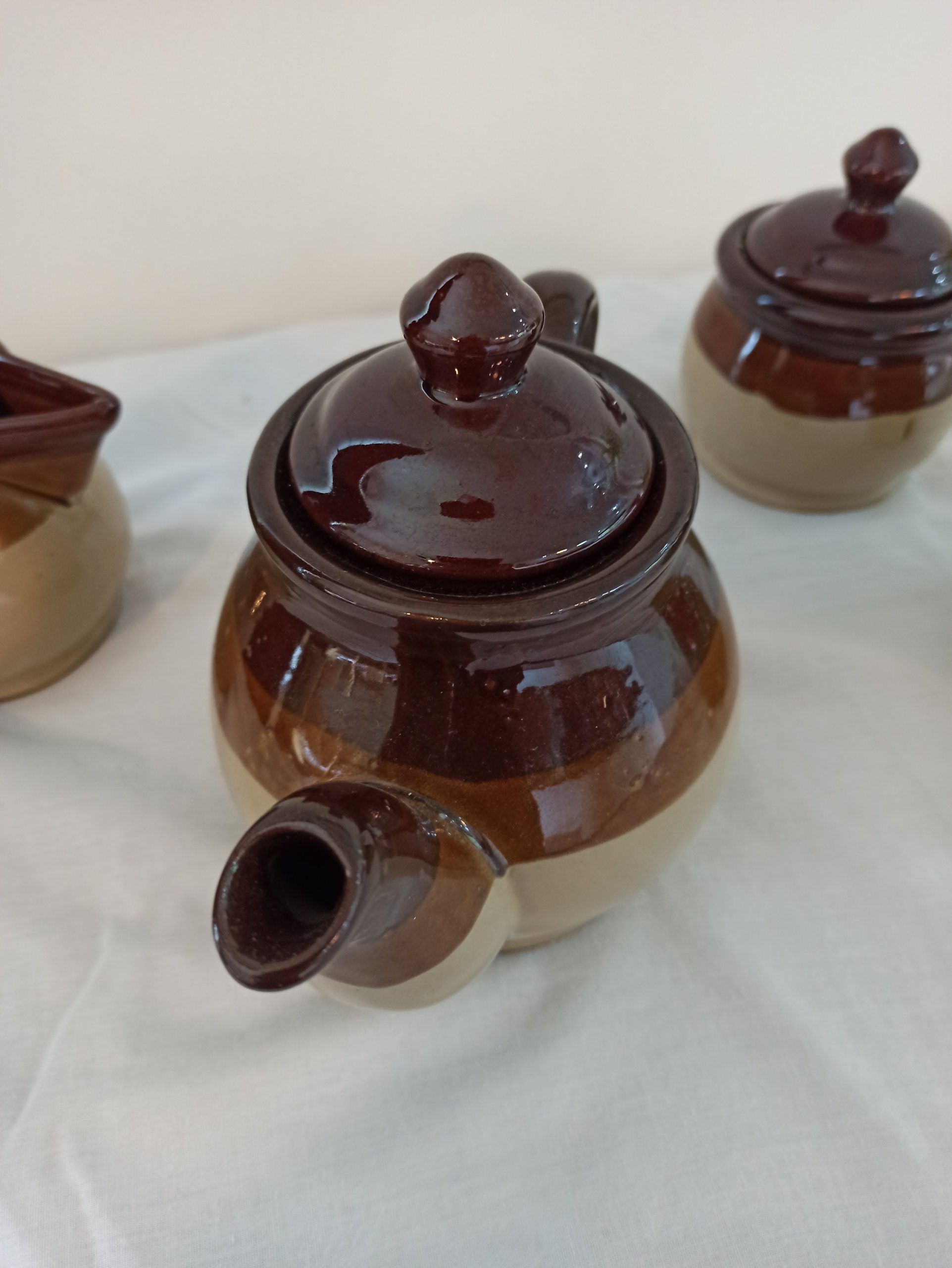 Teapot Set. Serves Two. Treacle Glazed. 1980s. Teapot, Milk Jug, Sugar Bowl and Marmade / Jam Pot / Honey. - Image 3