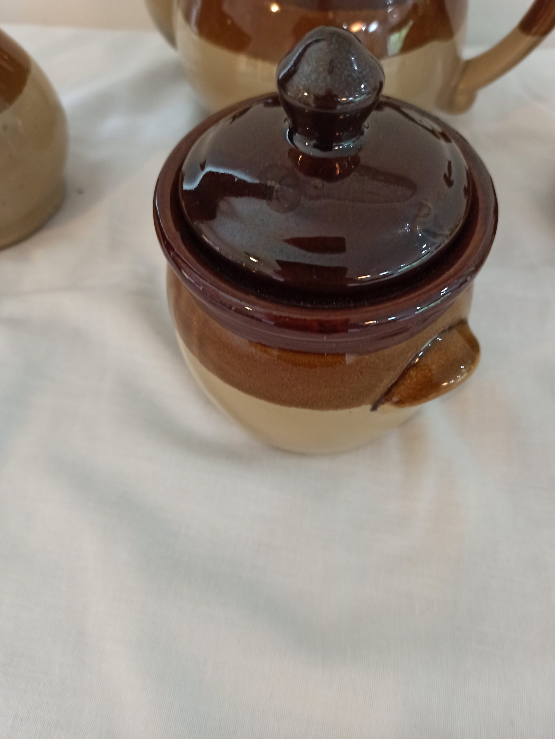 Teapot Set. Serves Two. Treacle Glazed. 1980s. Teapot, Milk Jug, Sugar Bowl and Marmade / Jam Pot / Honey. - Image 6