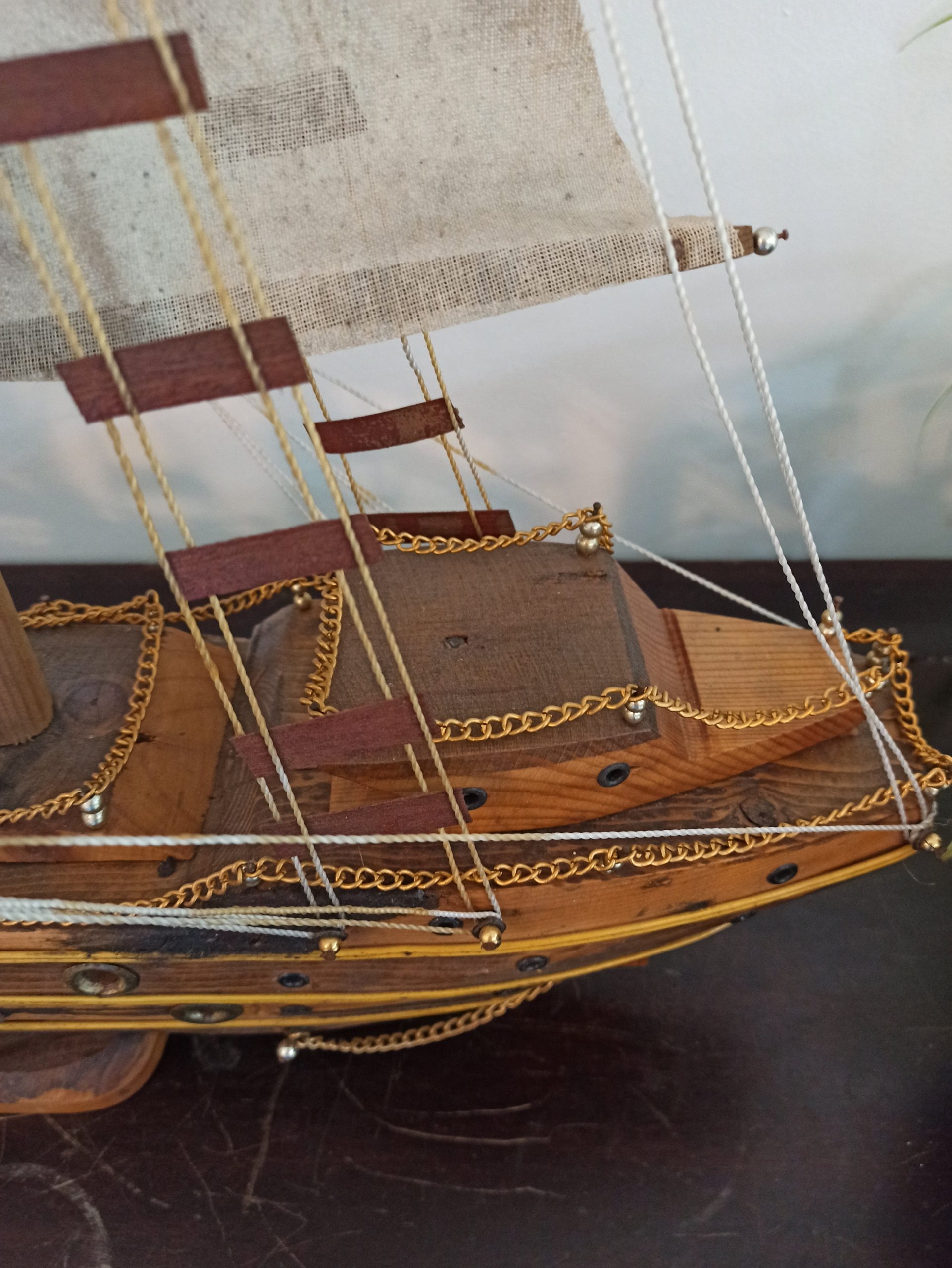 Vintage Model Ship. Completed. Very Large 70cm x 64cm. Wooden Base. - Image 5