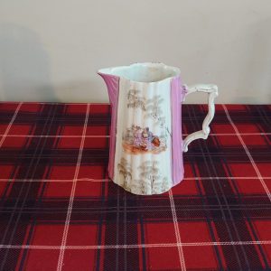 German Pink and White Decorative Milk Jug - Man and Woman Sitting - 14cm tall