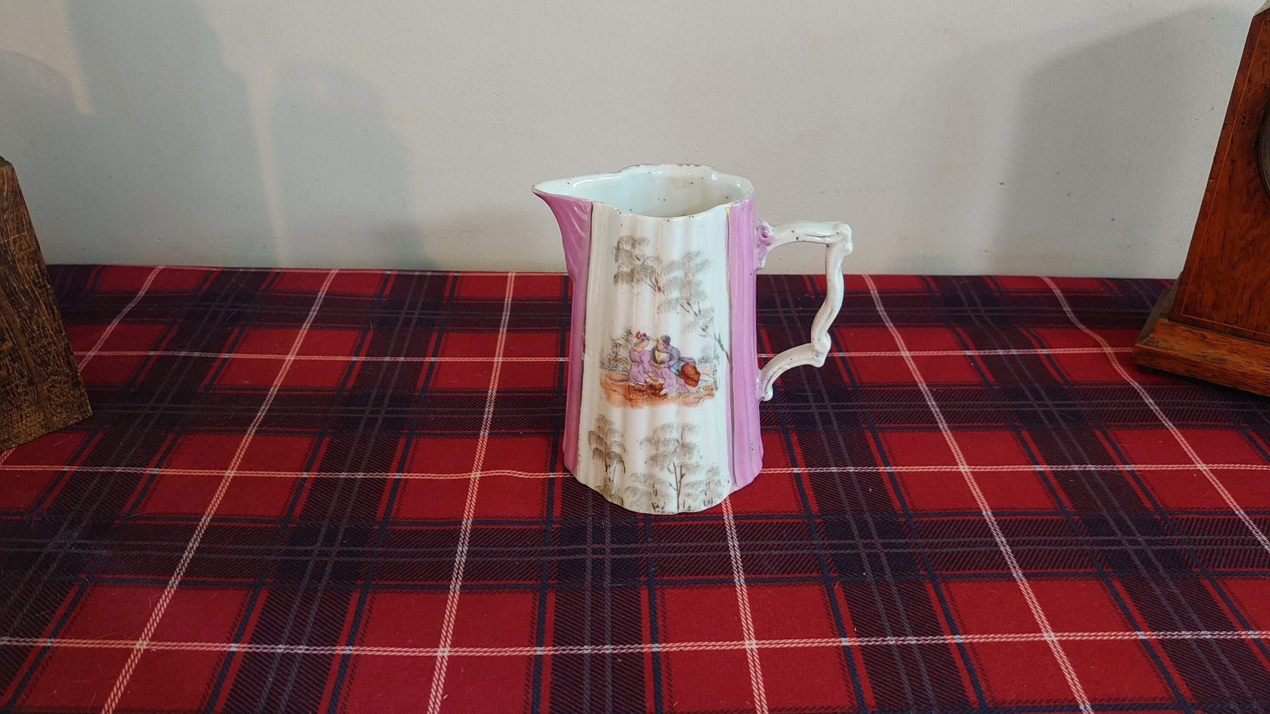German Pink and White Decorative Milk Jug - Man and Woman Sitting - 14cm tall