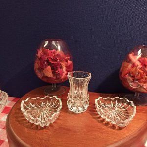 Set of 3 Dressing Table Glass Set. Two Heart Shaped Pin Dishes and Small Posy Vase. Excellent Condition.