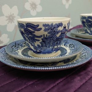 Ringtons Tea Ltd Six Piece Tea Set - 2 Blue and White Trios of Cup, Saucer and Side Plate in Commemorative Rington's Box - Very Good Cond.