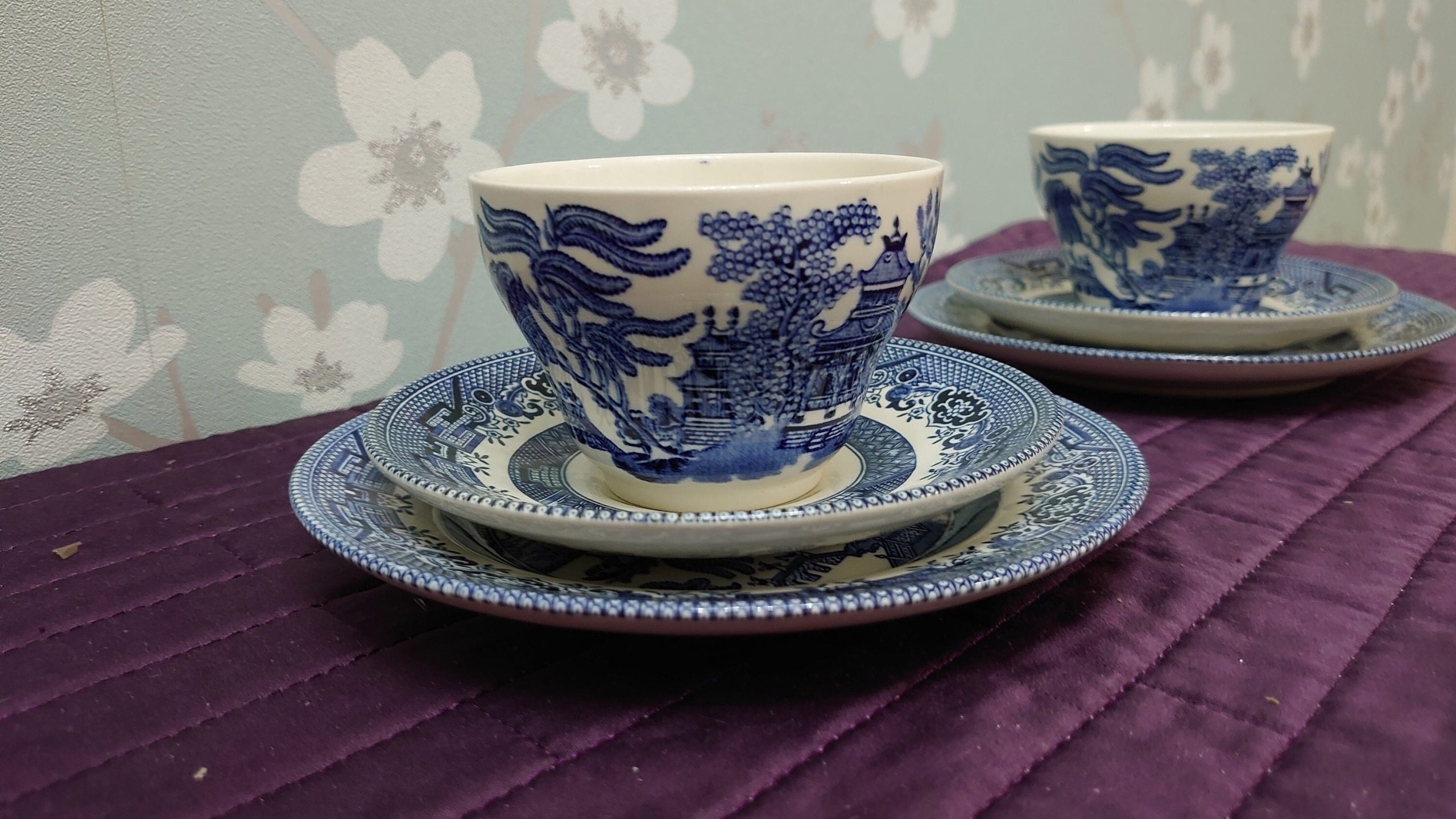 Ringtons Tea Ltd Six Piece Tea Set - 2 Blue and White Trios of Cup, Saucer and Side Plate in Commemorative Rington's Box - Very Good Cond.