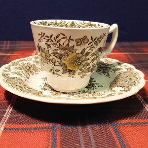 2 Piece Floral Cup and Saucer Duo - Peacock and Butterfly Motif - Unknown Backstamp 477 - Excellent condition