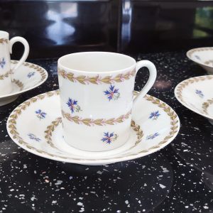 Vintage Austrian Ceramic Demitasse Tea Set - 4 Cups and Saucers - Blue Floral Embellishments - Very Good Condition