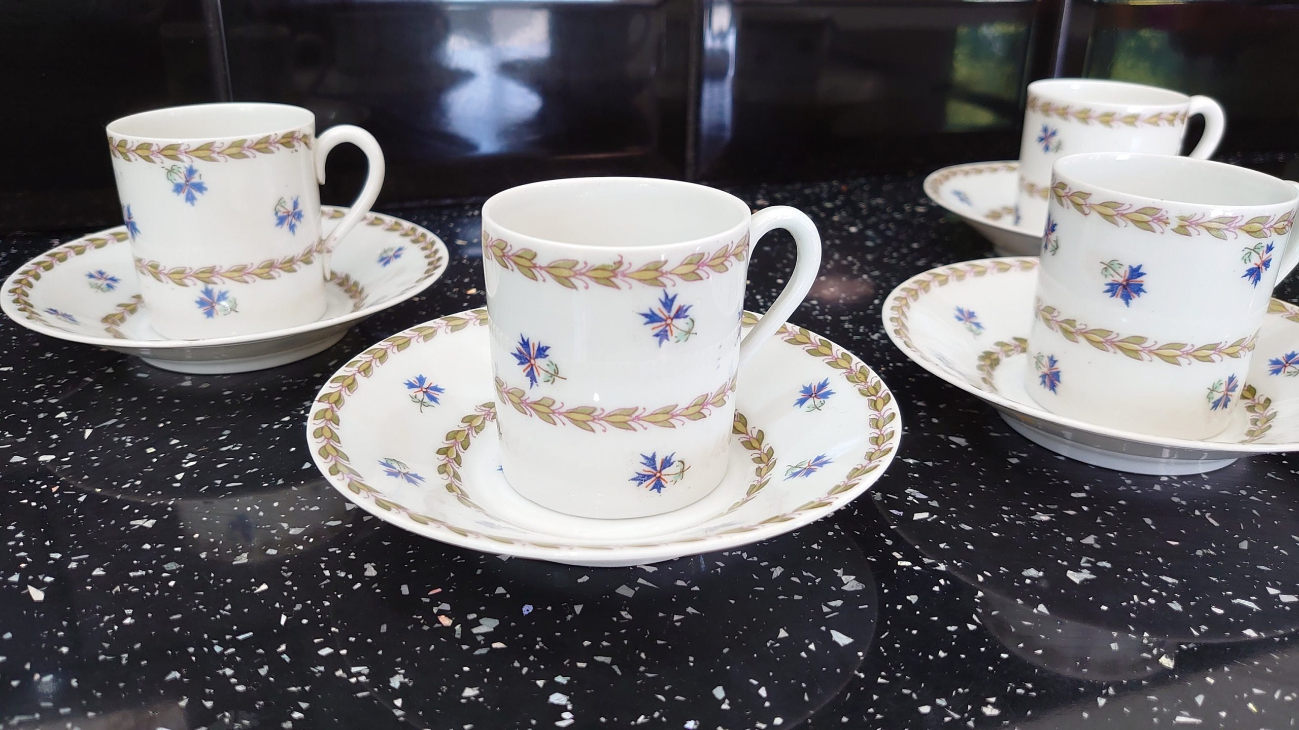 Vintage Austrian Ceramic Demitasse Tea Set - 4 Cups and Saucers - Blue Floral Embellishments - Very Good Condition