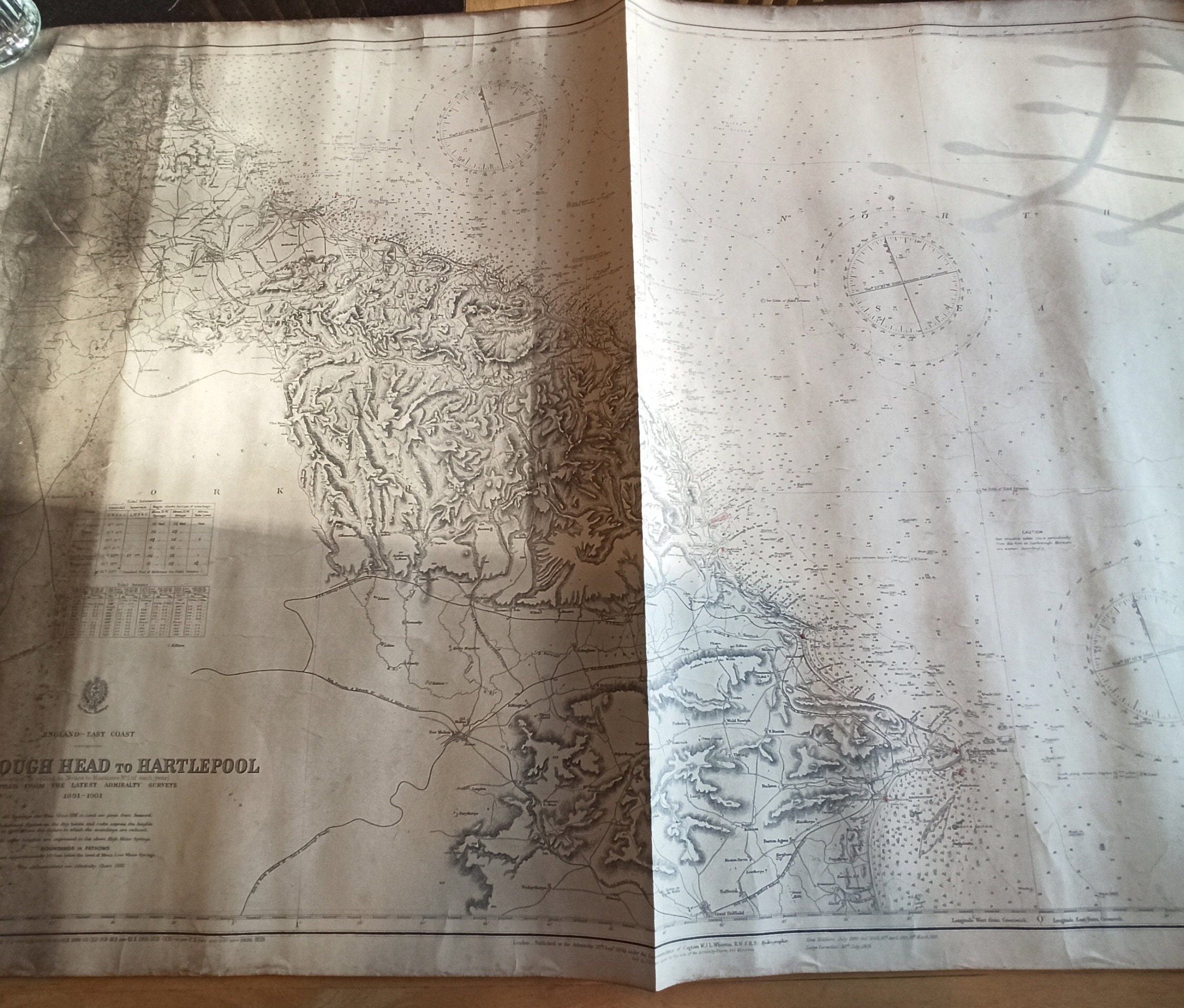 Vintage Maritime / Nautical Map. Original Published 1892. (1191). c. 1932. Flamborough Head To Hartlepool. North Sea.