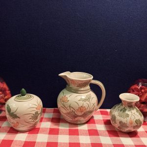 Set of 3 Taiwanese Decorative Hand Painted Kitchenware Items. Jug Vase, Lidded Ginger Jar and Posy Vase.