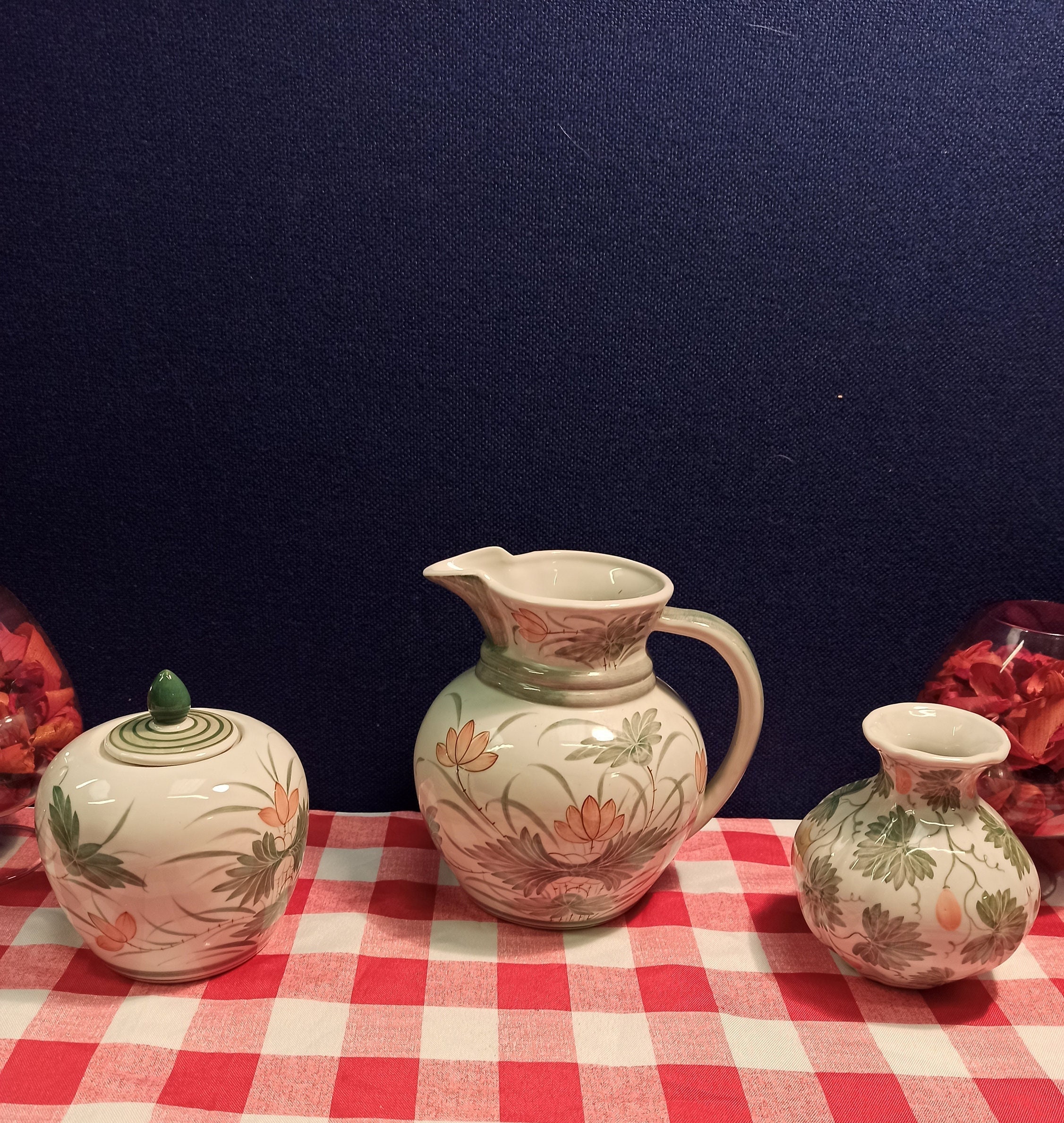 Set of 3 Taiwanese Decorative Hand Painted Kitchenware Items. Jug Vase, Lidded Ginger Jar and Posy Vase.