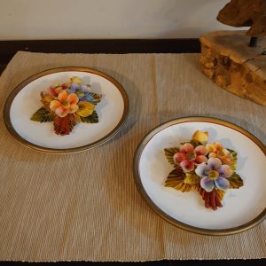 Two Handpainted Sculpted Floral Bouquet Wall Plates - Excellent condition - 16cm diameter each
