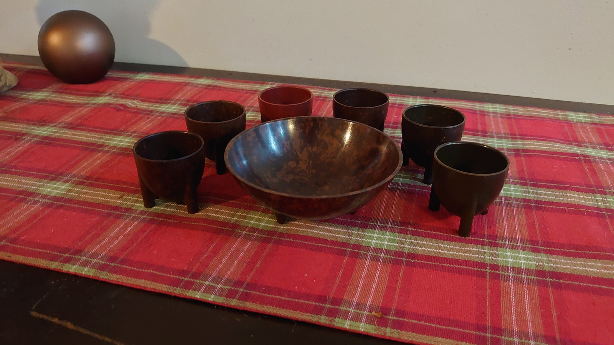 Six Wood Effect Eggcups and a Finger Bowl - 1970s style