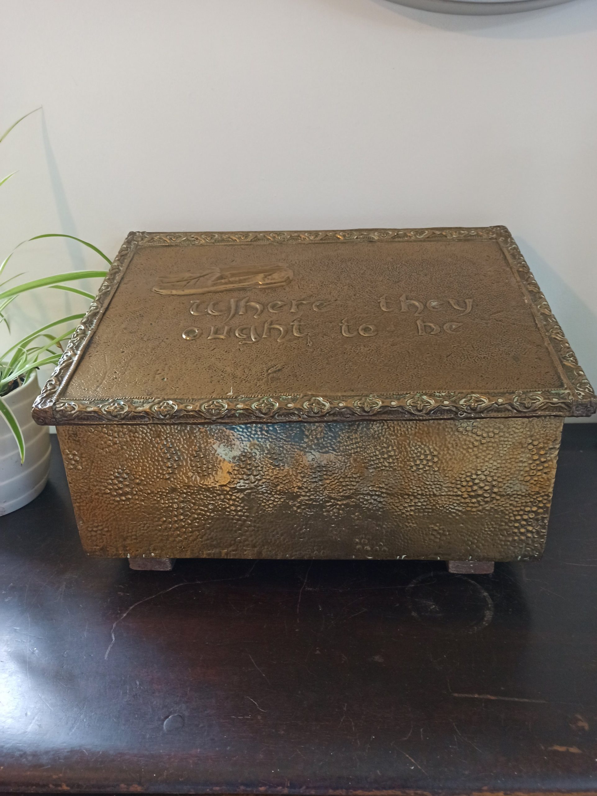 Brass Vintage Fireside Slipper Box. Embossed With The Words, "Where They Ought To Be". Embossed Slipper Decoration. - Image 2