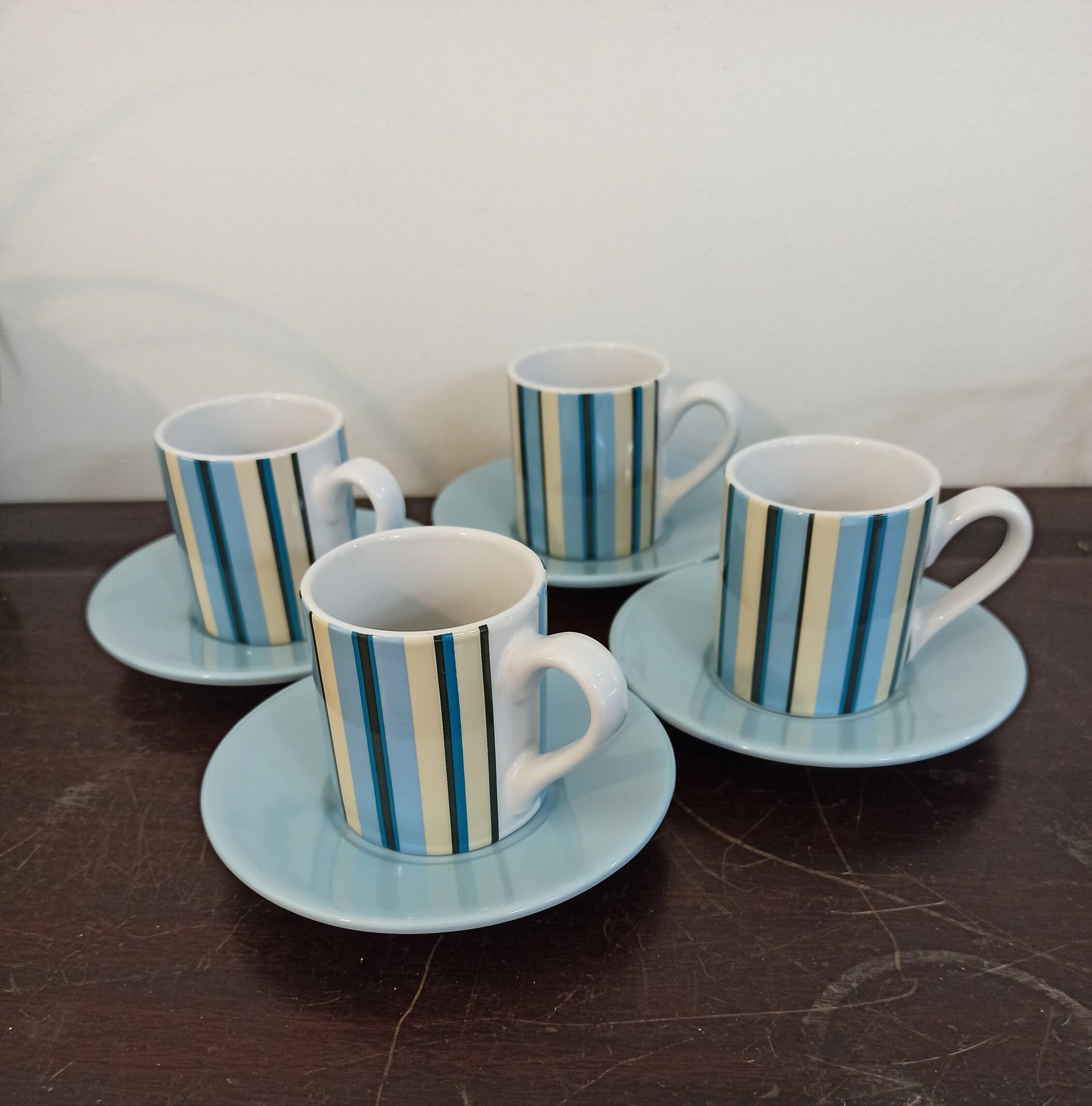 Vintage Set of 4 Blue and White Striped Cups With Saucers.