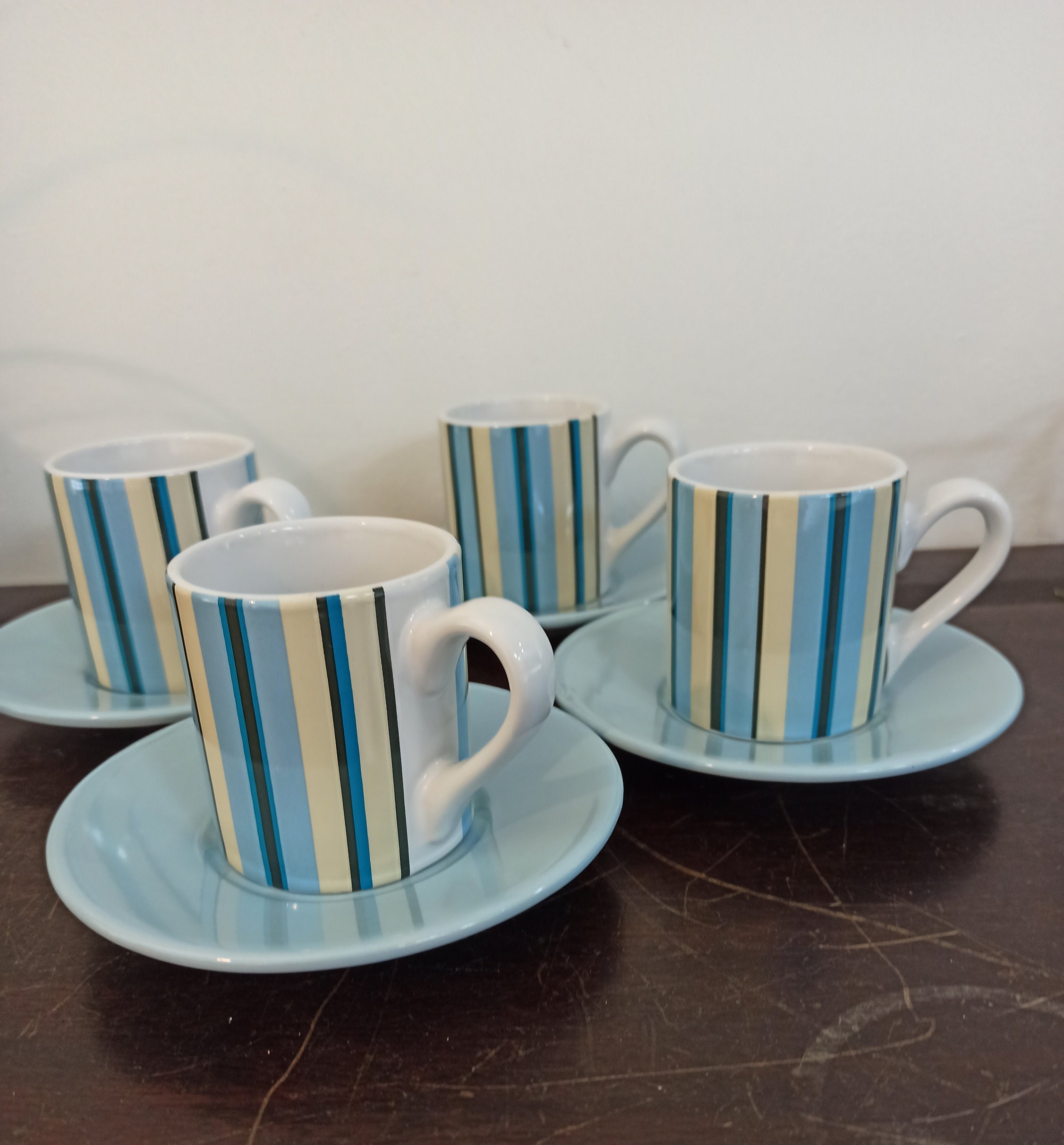 Vintage Set of 4 Blue and White Striped Cups With Saucers. - Image 2