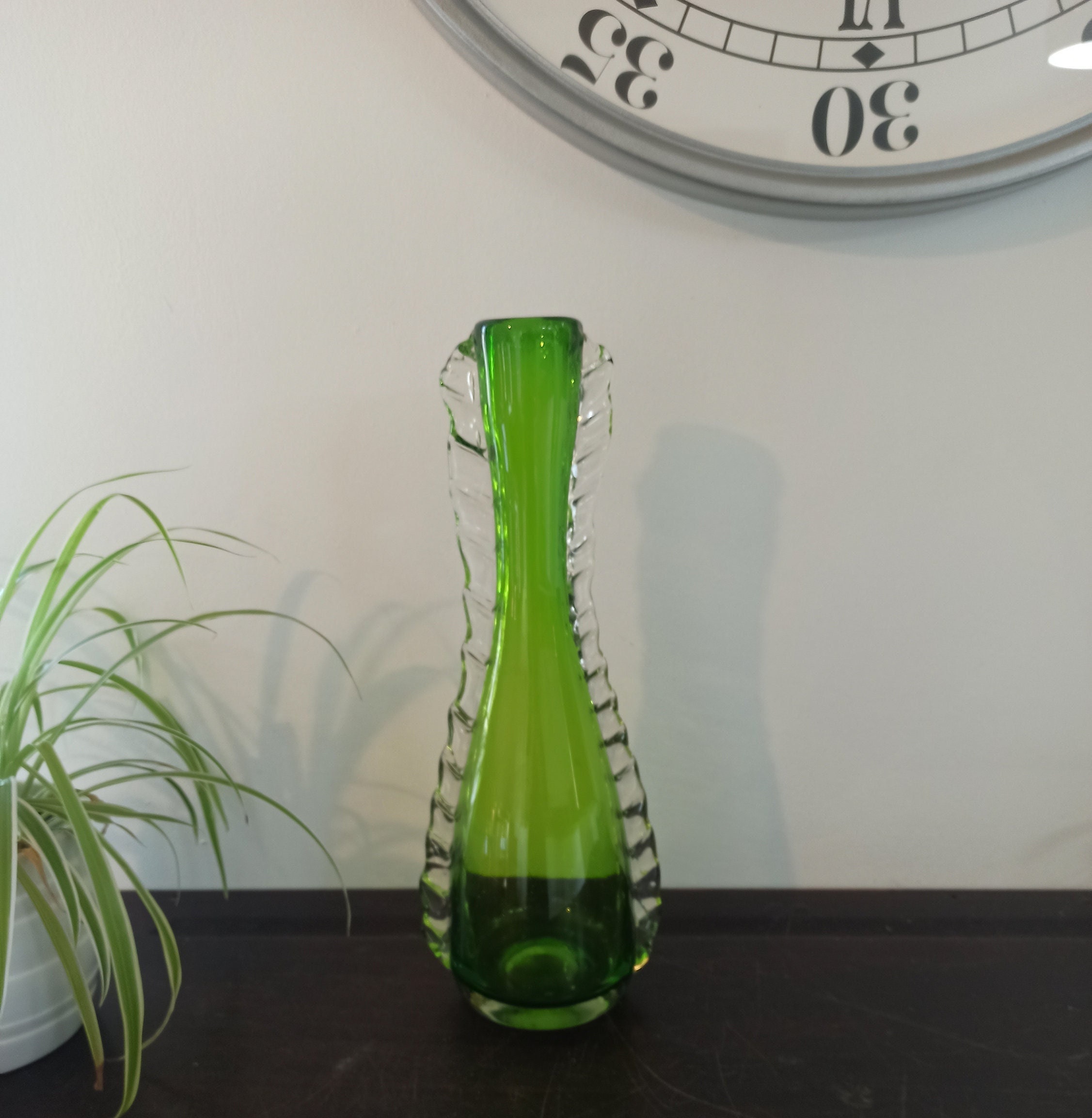 Vintage Tall Green Glass Vase. Very Good Condition.