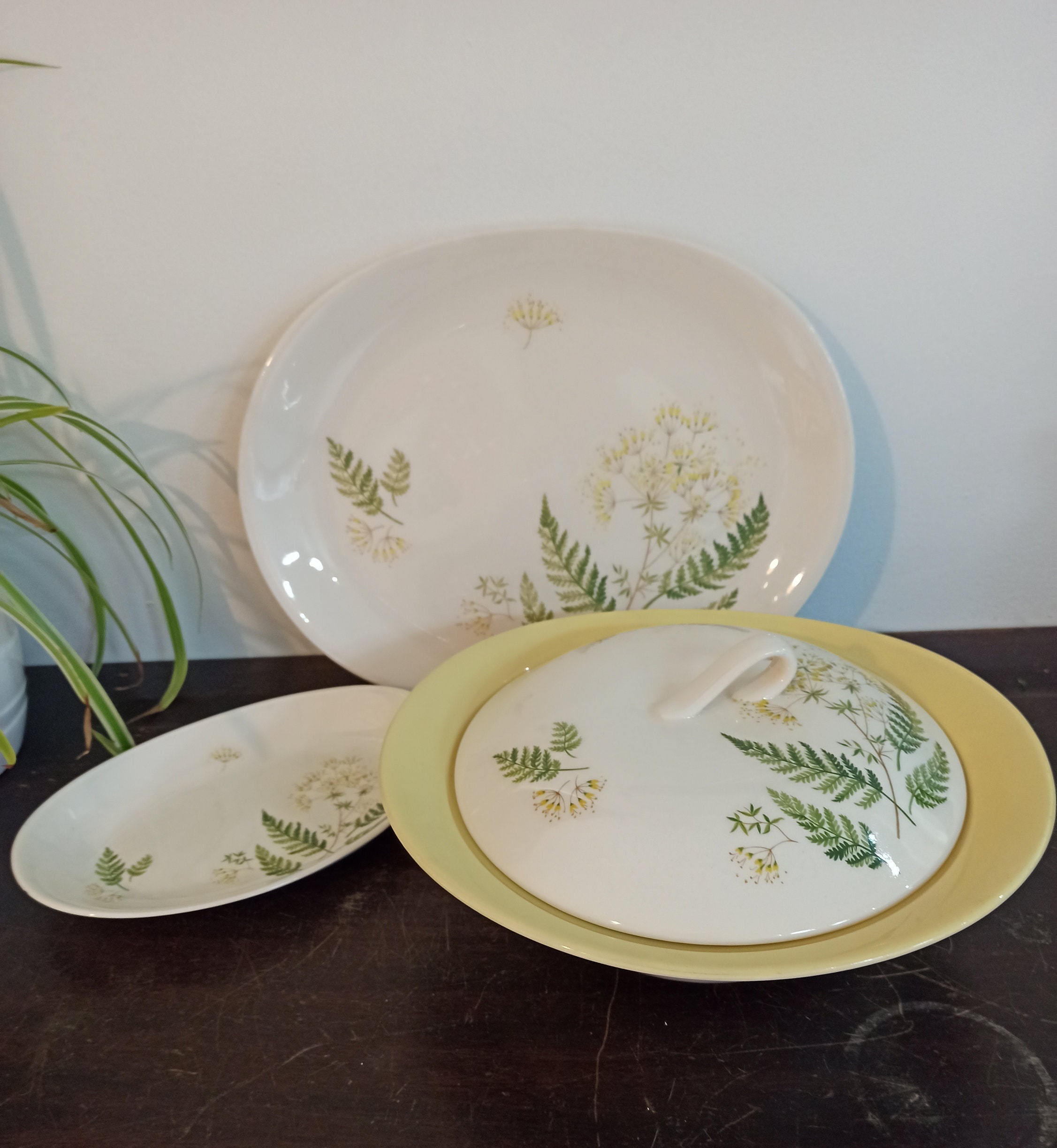 Vintage Johnson Brothers Vegetable Tureen, Sandwich Plate, Cake Plate.