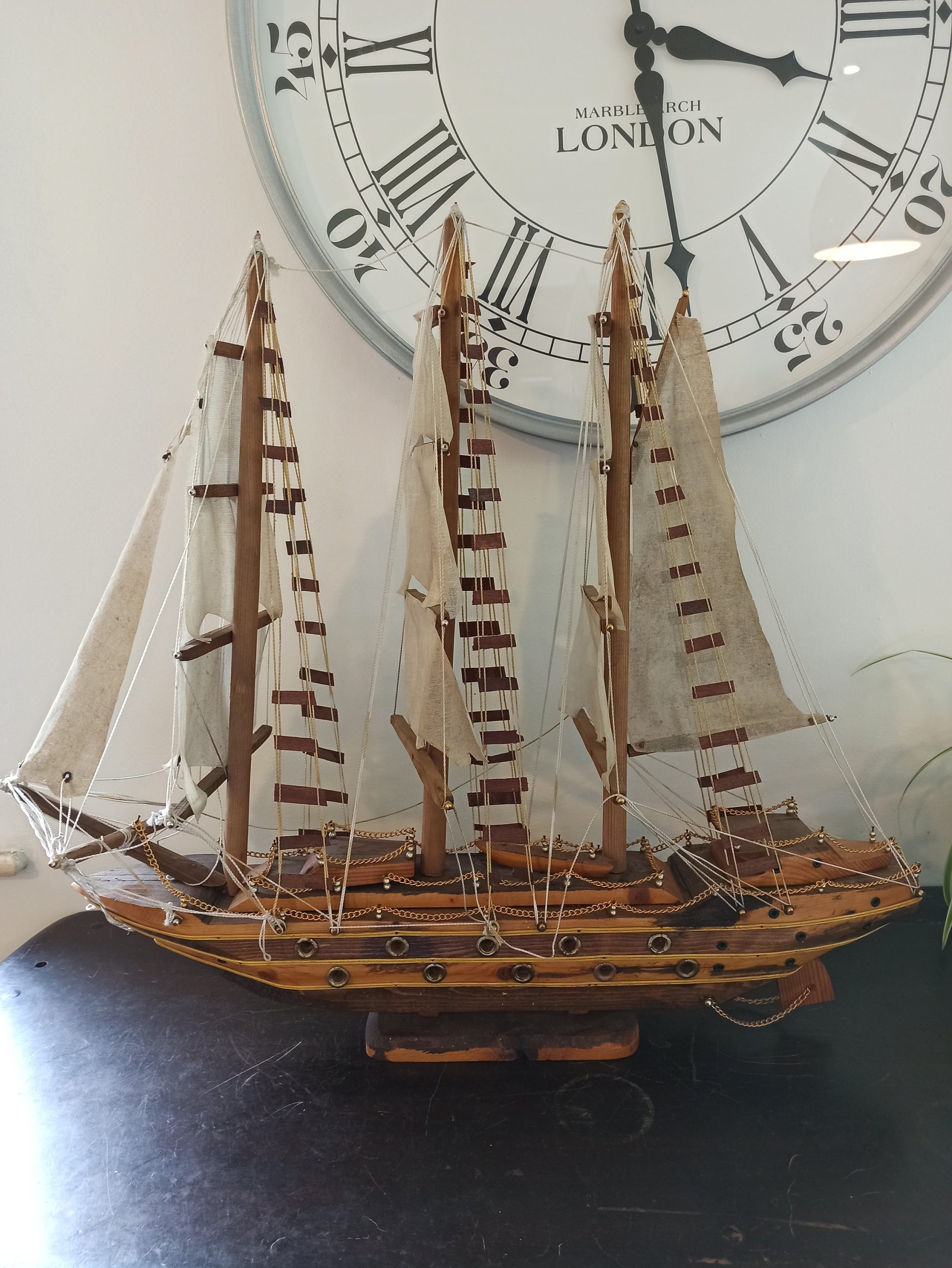 Vintage Model Ship. Completed. Very Large 70cm x 64cm. Wooden Base.