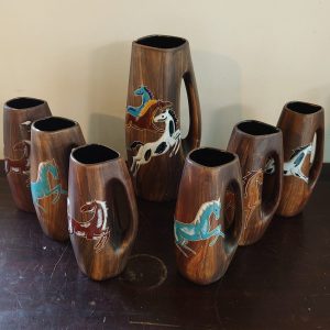 Enamelled Brush-Painted Pottery Horse Jugs - 1 Large, 6 Small - Unique Find - Good Condition