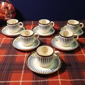 6 Mappin and Webb Demitasse Cups and Saucers  - Blue, White and Gold - "The Jockey Club" - Very Good to excellent condition