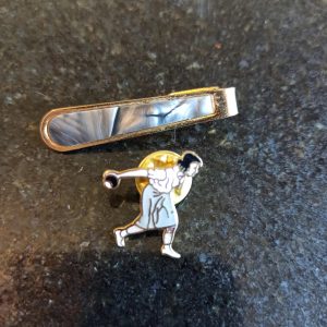 Vintage Tie Clip In The Shape of A Tie And Lapel Pin Woman Bowling. Very Good Condition.