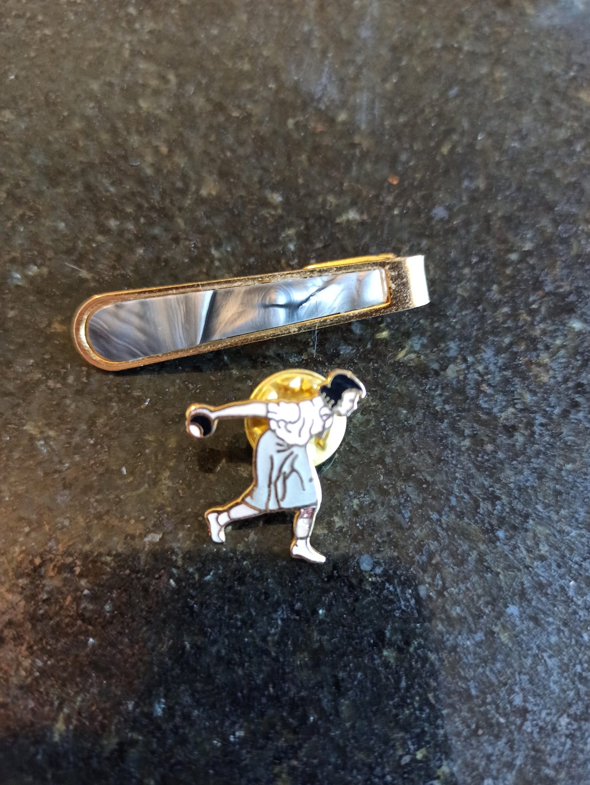 Vintage Tie Clip In The Shape of A Tie And Lapel Pin Woman Bowling. Very Good Condition.