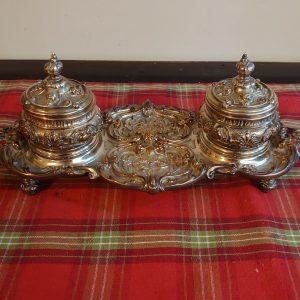 Twin Victorian Pot Plated Inkstand - Very Heavy and Sturdy - Complete with Original Glass Liners