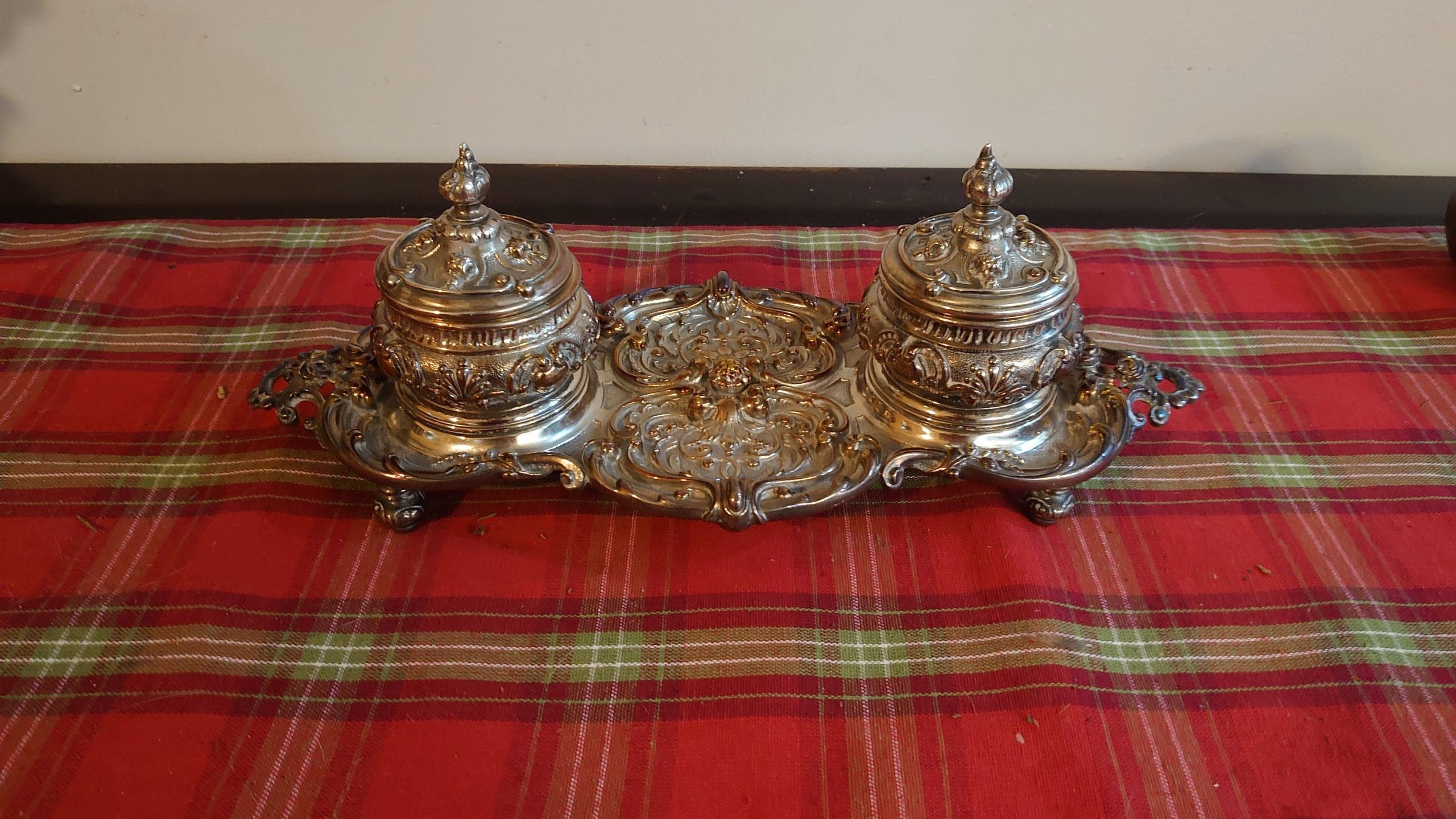 Twin Victorian Pot Plated Inkstand - Very Heavy and Sturdy - Complete with Original Glass Liners