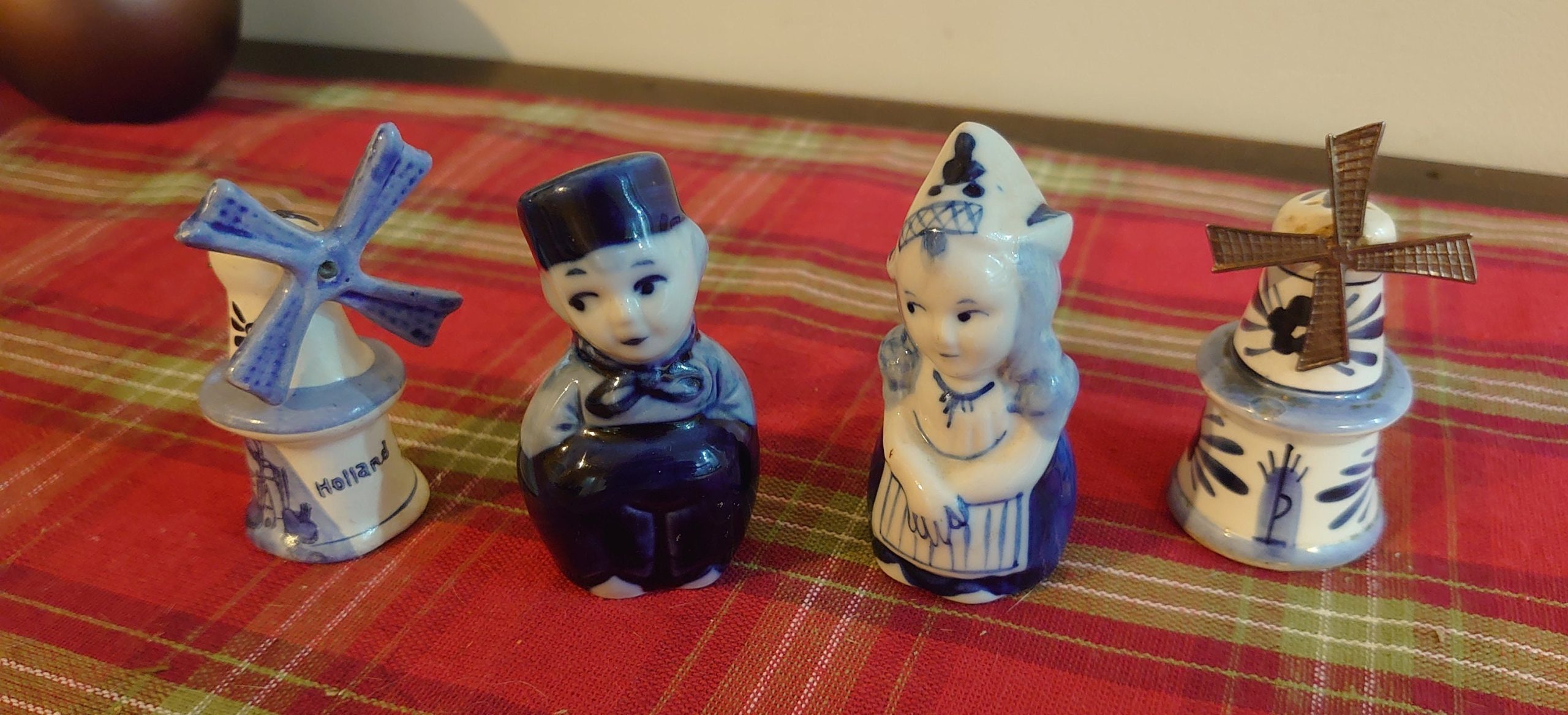 Set of Four Cute Delft Figurines - Man and Woman and Two Windmill Pepperpots - Very good condition!
