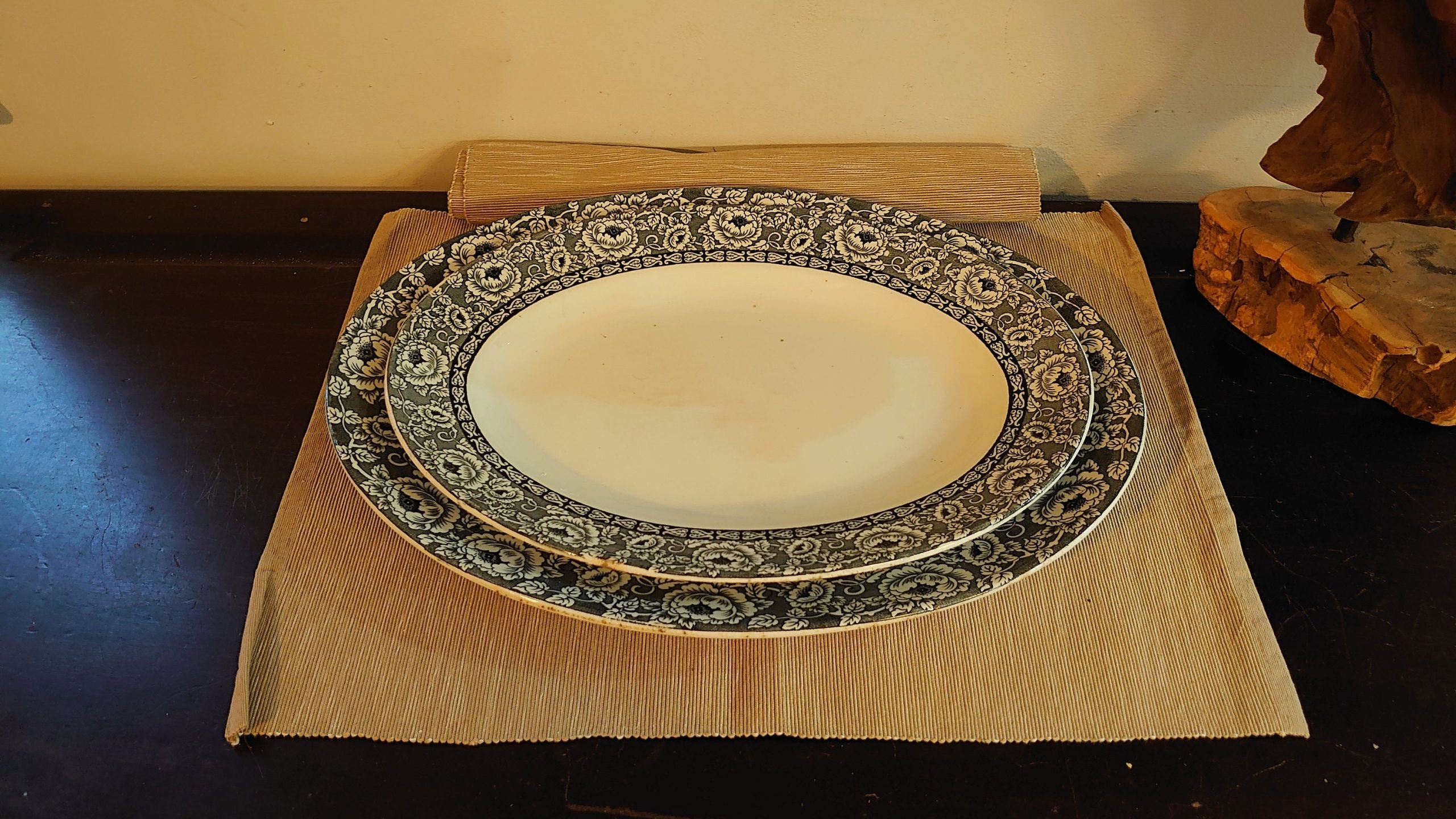 Two J. H. W. (Weatherby) & Sons Ironstone Serving Platters, Hanley, Stoke, UK - Rosary Design - 40cm and 35cm in width - Falcona ware