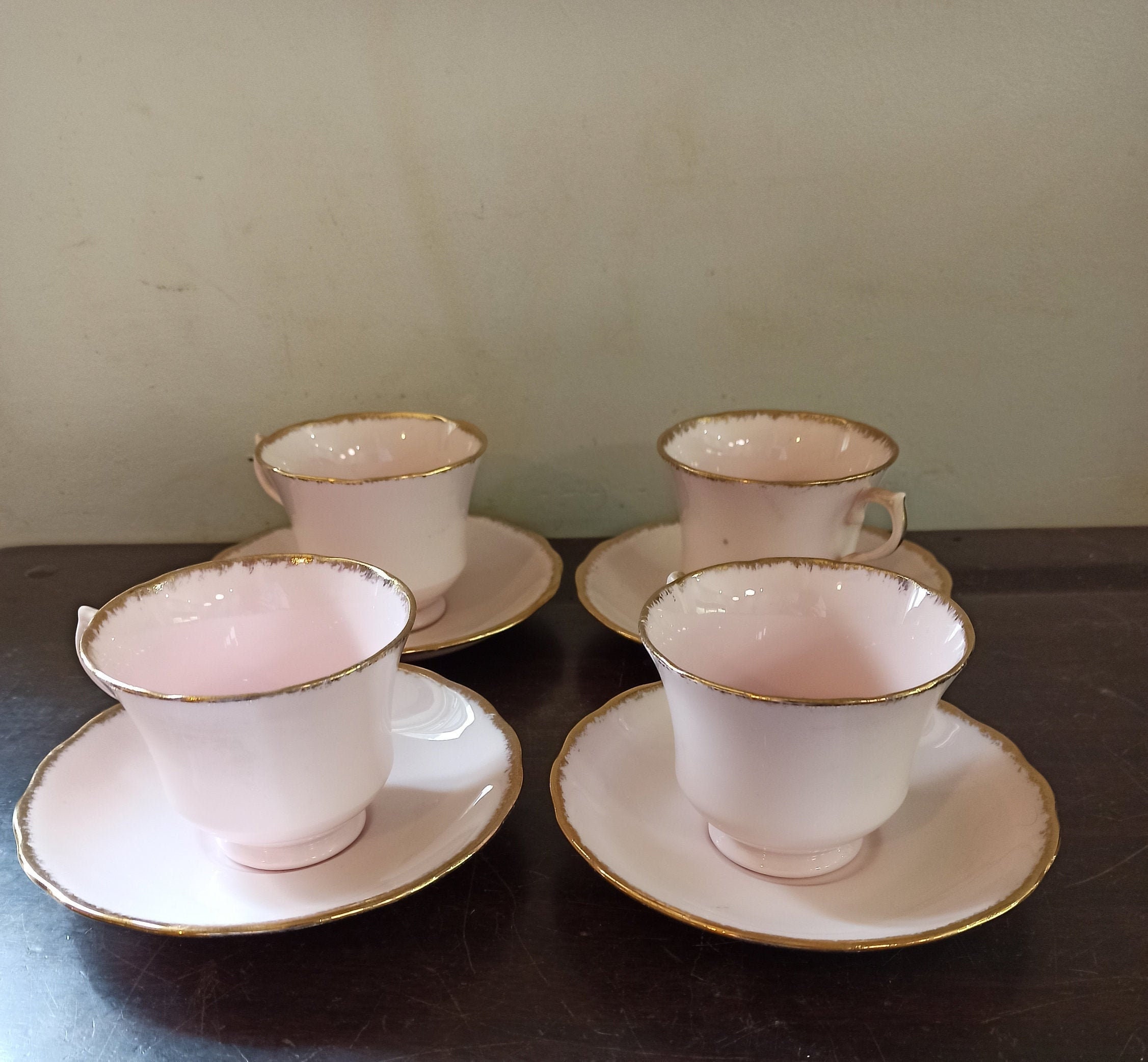 Vintage set of 4 Baby Pink, Vale, Cups and Saucers. Made in Longton, England.